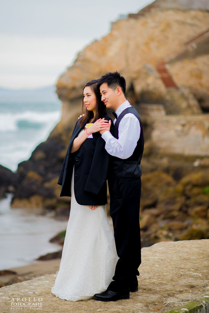 bride and groom on beach sf